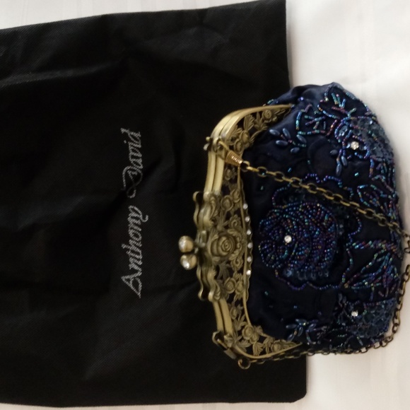 Anthony David Handbags - Vtg Style Dark Navy Blue Satin Floral Beaded Purse
